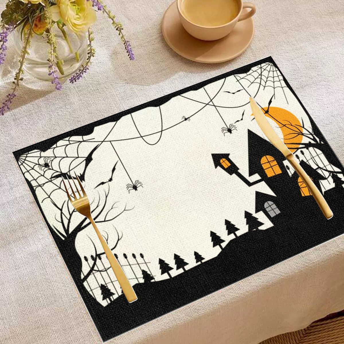 VIKAMA 블랙 화이트 유령의 집 할로윈 플레이스매트 - Spider Web Halloween Decoration 리뷰 및 가격